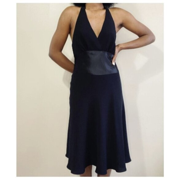 Jones New York Noir Halter Black Silk Waist Midi Party Cocktail Dress - Picture 6 of 11